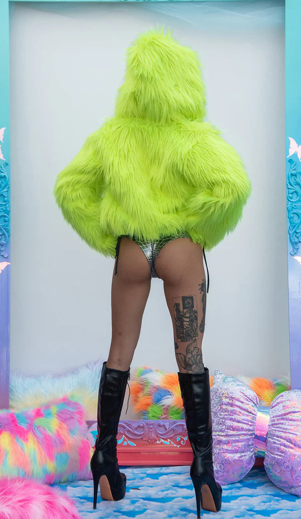 NEON FAUX FUR CROPPED HOODIE