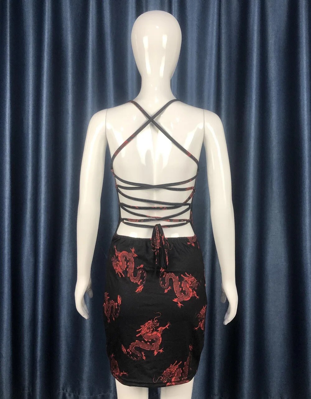 Sexy Women Summer Sleeveless Bodycon Slim Dragon Printing Mini Dress Spaghetti Strap Backless Back Bandage Dress Streetwear