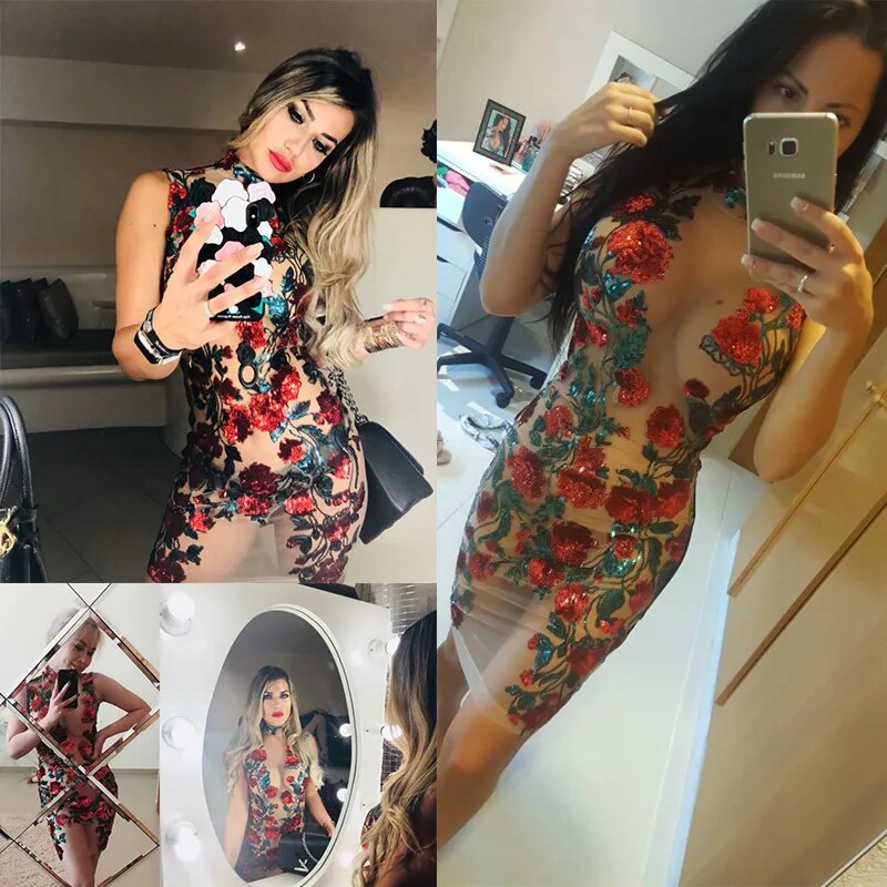 Red Rose Sequin Dress For Elegant Party