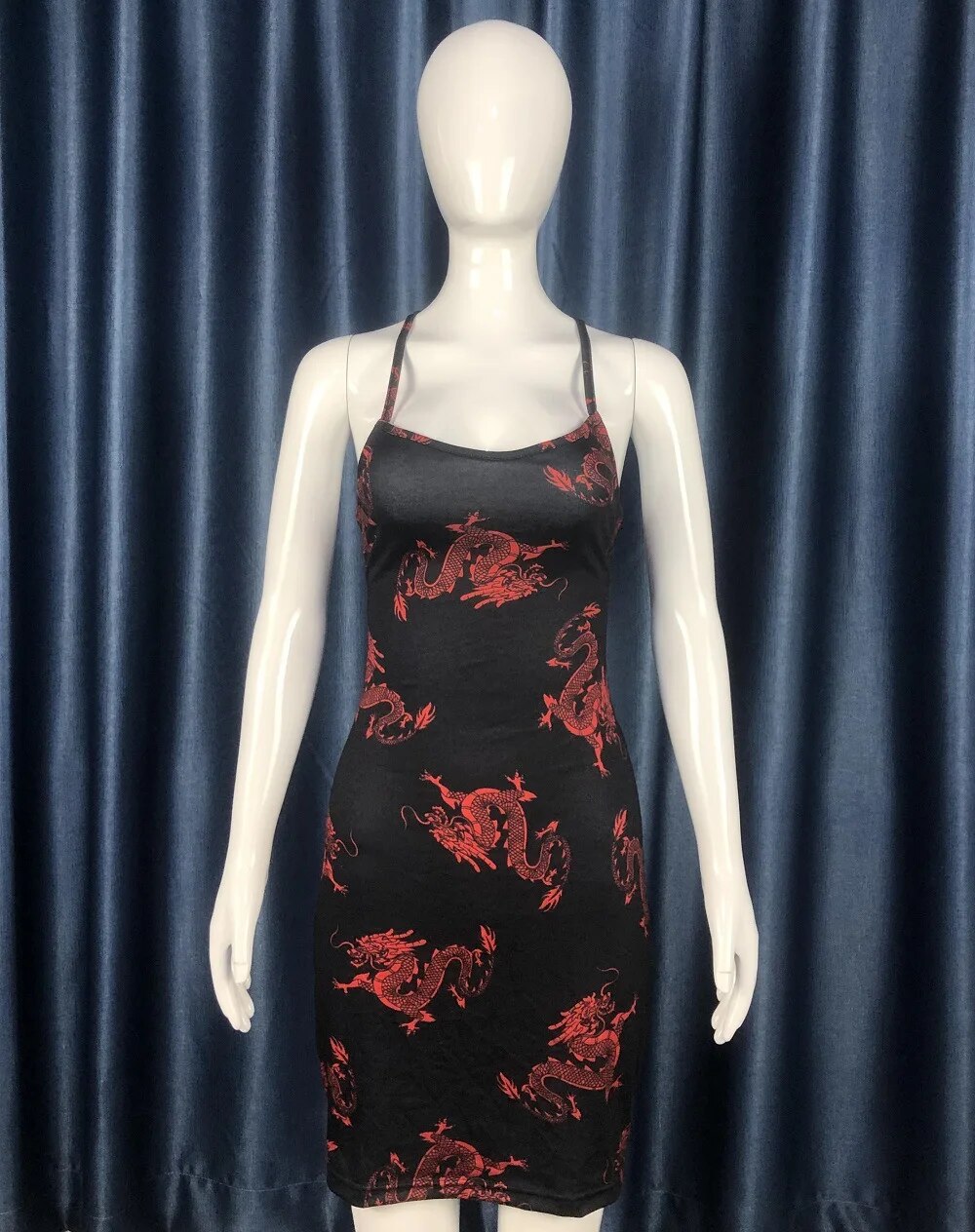 Sexy Women Summer Sleeveless Bodycon Slim Dragon Printing Mini Dress Spaghetti Strap Backless Back Bandage Dress Streetwear