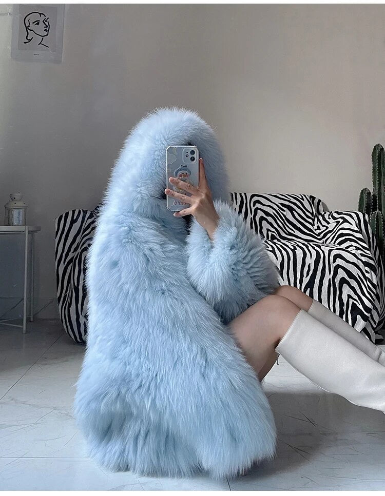 Winter Shaggy Hairy Thick Warm Soft Colored Faux Fur Jacket Women with Hood Bat Sleeved Loose Casual Designer Clothes