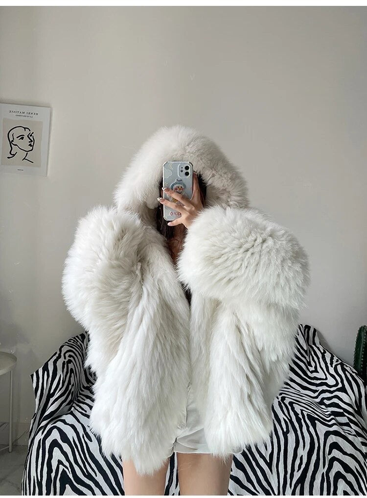 Winter Shaggy Hairy Thick Warm Soft Colored Faux Fur Jacket Women with Hood Bat Sleeved Loose Casual Designer Clothes