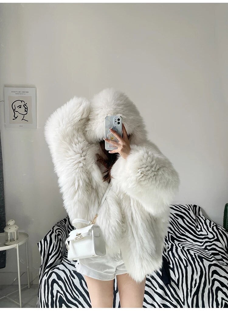 Winter Shaggy Hairy Thick Warm Soft Colored Faux Fur Jacket Women with Hood Bat Sleeved Loose Casual Designer Clothes