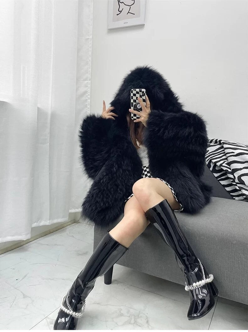 Winter Shaggy Hairy Thick Warm Soft Colored Faux Fur Jacket Women with Hood Bat Sleeved Loose Casual Designer Clothes