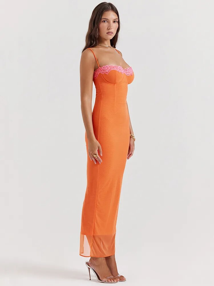 Coral Charm Ruched Midi Dress with Lace Trim
