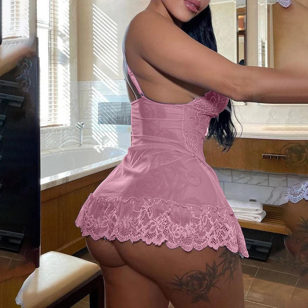 S-6XL Plus Size Women Sexy Lace Nightdress Night Dress V Neck Sleeveless Spaghetti Straps Mesh See-through Nightgown Exotic Lingerie