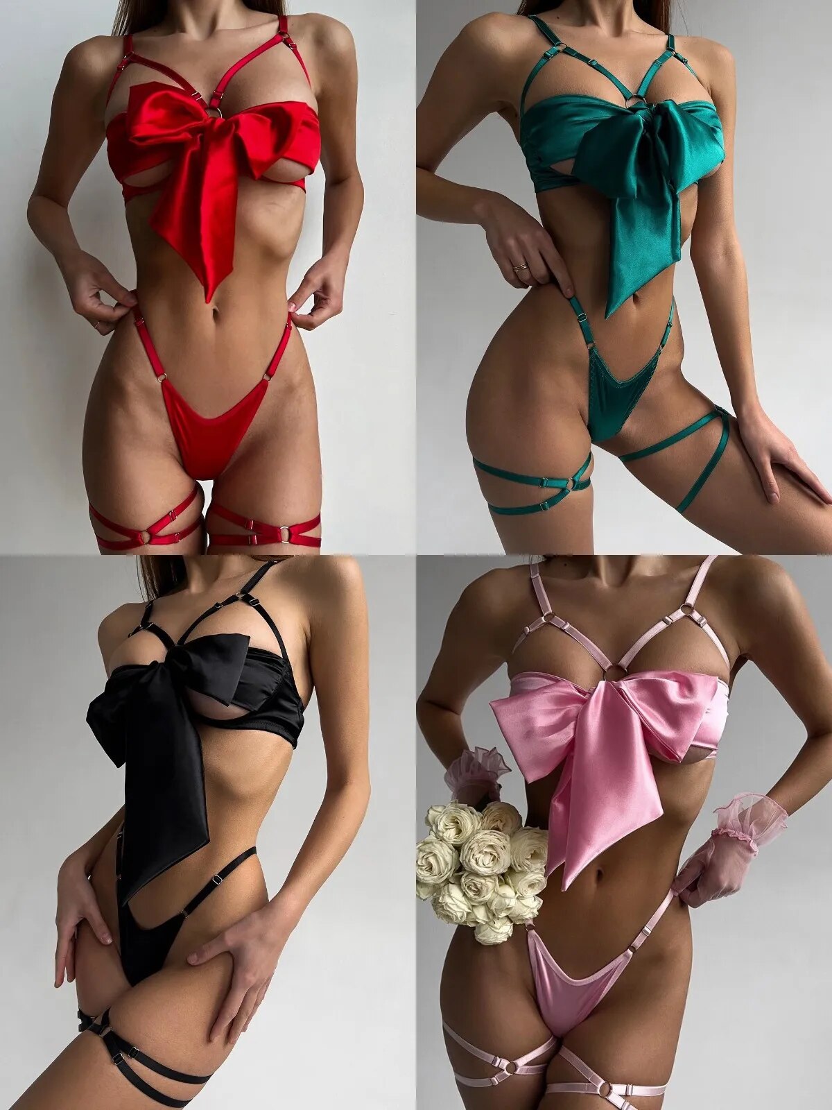 Festive Christmas Lingerie Bow Set - Red and Green Satin, Perfect for Holiday Romance