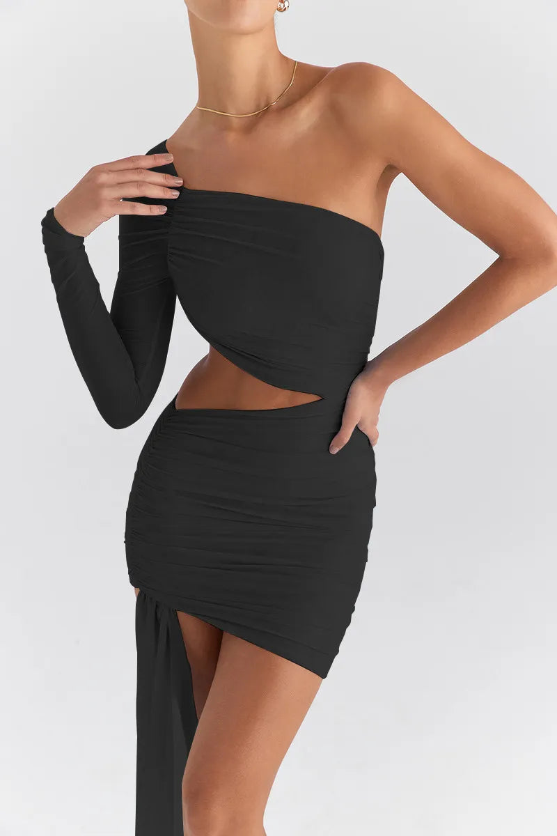 Sky Blue One-Shoulder Ruched Mini Dress with Asymmetrical Drape