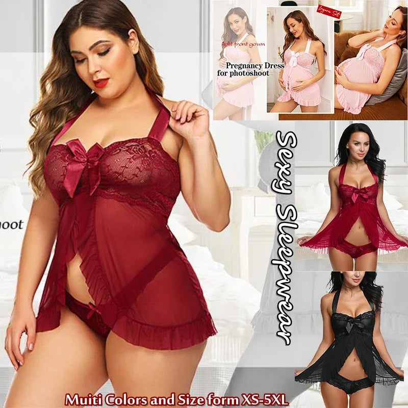 Women Sexy Babydoll Lingerie Lace Nightdress Sleepdress Bridal Lingerie Halter Chemise Maternity Nightgown Plus Size