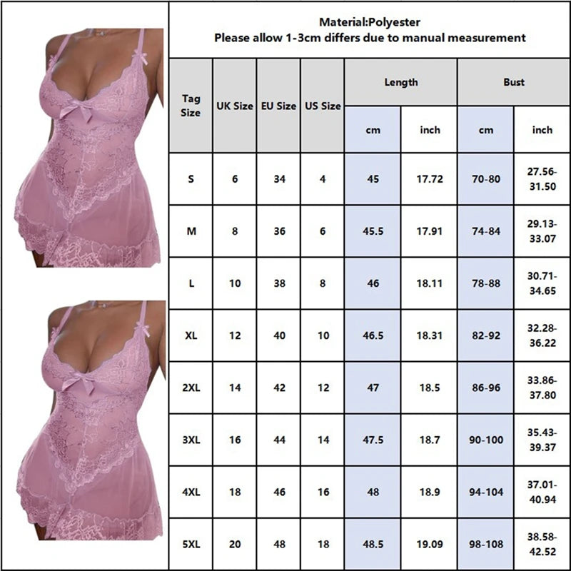 S-6XL Plus Size Women Sexy Lace Nightdress Night Dress V Neck Sleeveless Spaghetti Straps Mesh See-through Nightgown Exotic Lingerie