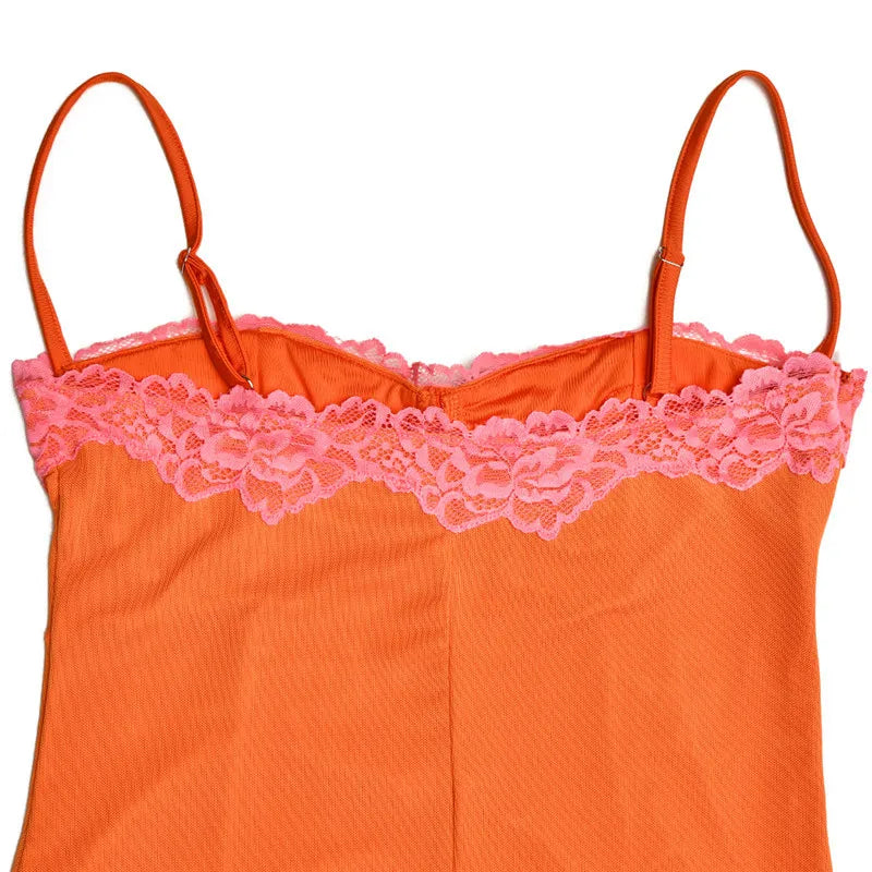 Coral Charm Ruched Midi Dress with Lace Trim