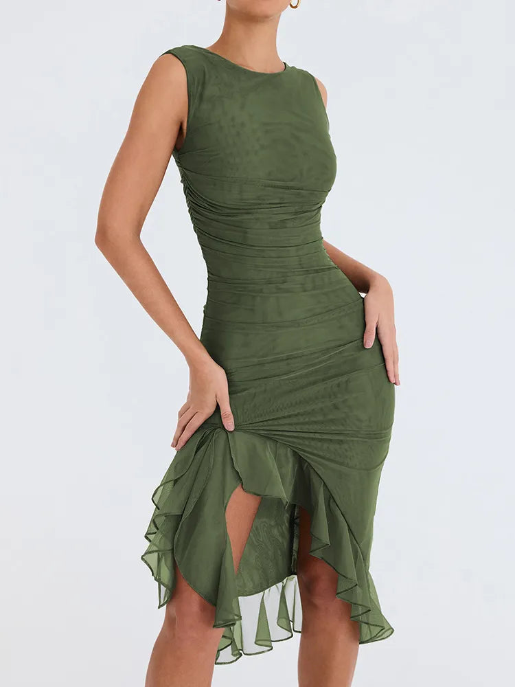 Lavender Ruched Asymmetrical Hem Midi Dress