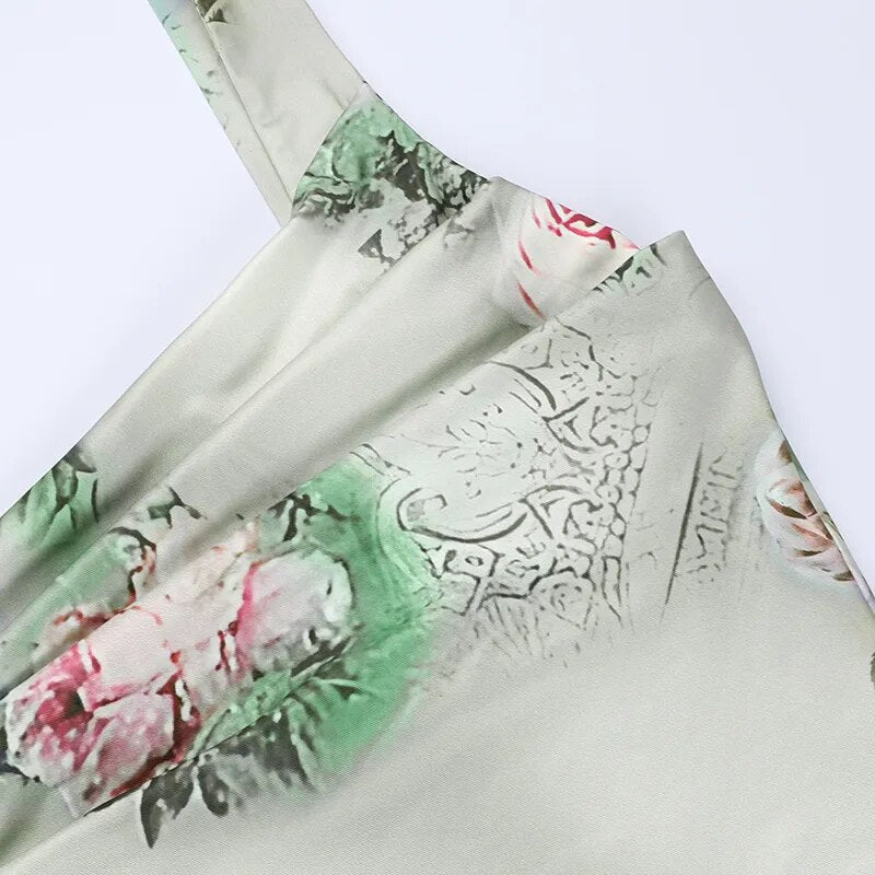 Sage Green Floral Print Maxi Dress with High Slit - Spring and Summer Collection
