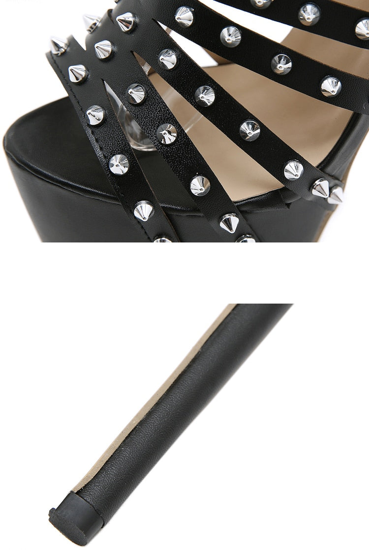 Gladiator Rivet Women High Sandals Summer Sexy Stripper Thin Heels Shoes Platform Fashion Narrow Band Pumps