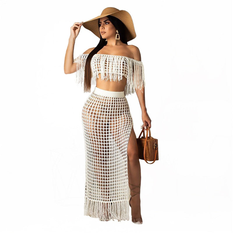 Sexy Knitted Women Set Two Pieces Set Slash Neck Cover Ups Slit Tassel Skirt 2 Pieces Set Hollow Out Beach Crocheted Suit