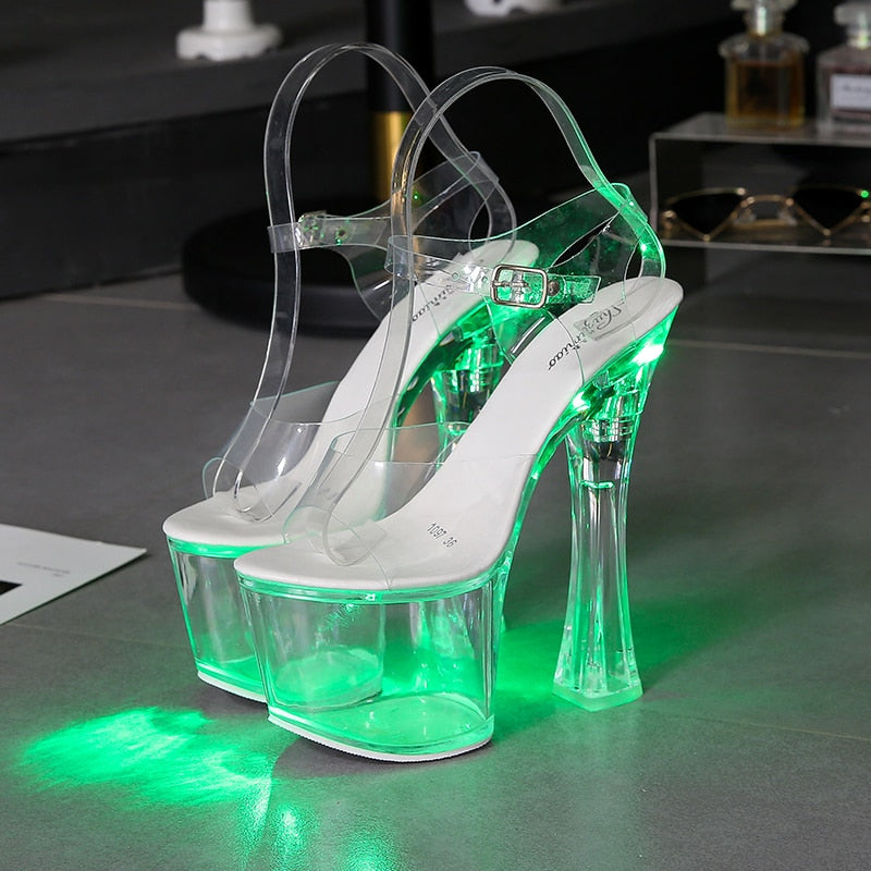 Large Size Sandals Clear Heel Multicolor Light-emitting Platform Buckle Strap Super High Heels Square Heel Women's Shoes