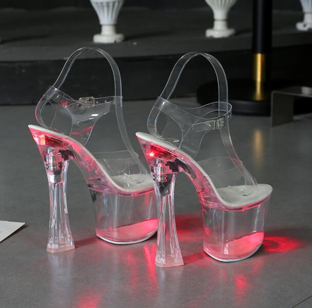 Large Size Sandals Clear Heel Multicolor Light-emitting Platform Buckle Strap Super High Heels Square Heel Women's Shoes