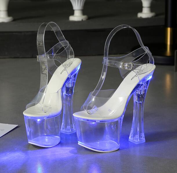 Large Size Sandals Clear Heel Multicolor Light-emitting Platform Buckle Strap Super High Heels Square Heel Women's Shoes