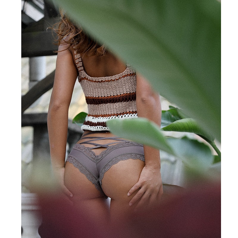 Back Crossing Bandage Hollow Out Sexy Panties Lace Edge Seamless Underwear Women Transparent Lingerie Solid Briefs Thong