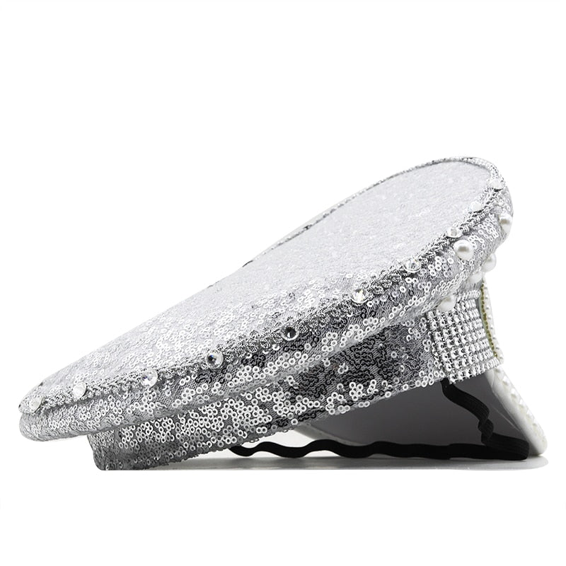 Hot Women Sequin Burning Silver Bride Military Hat Handmade Sailor Captain Sergeant Hat Birthday Festival Part Hat