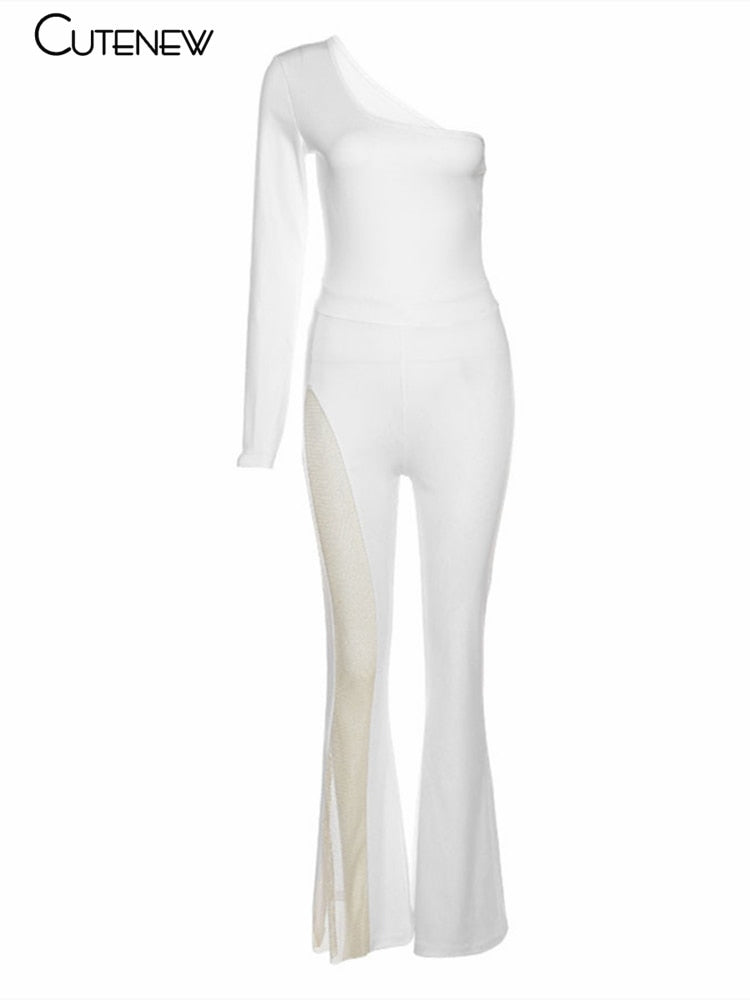 Cutenew Sexy Mesh One Shoulder Patchwork