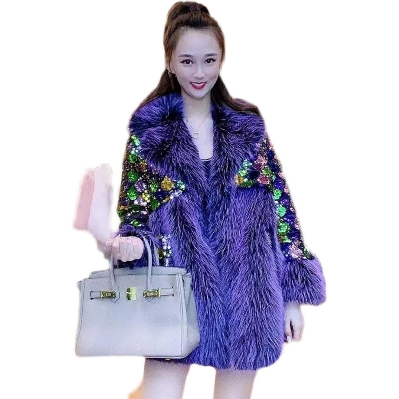 Color Sequined Rhinestone Purple Fur Coat Women Toka Wool Fur Jacket Loose Casual Fur Collar Thick Warm Overcoat Winter