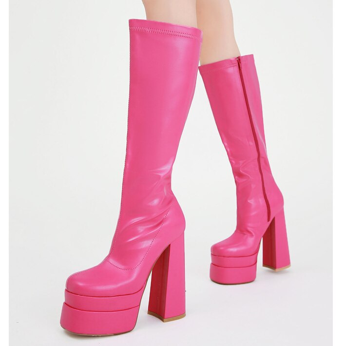Black Thick Heels Elastic Micro Knee High Boots For Women Punk Style Autumn Winter Chunky Platform High Boots Party Shoes Ladies