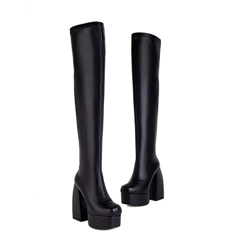 Black Thick Heels Elastic Micro Knee High Boots For Women Punk Style Autumn Winter Chunky Platform High Boots Party Shoes Ladies