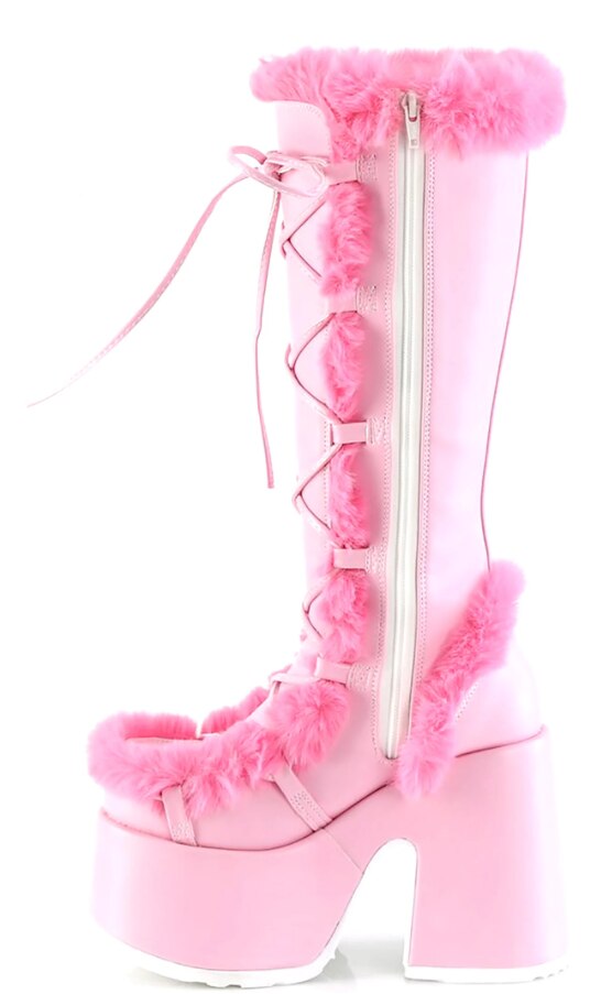 White Fur High Platform Boots High Chunky Heel Round Toe Mid Calf Boots Elegant Women Casual Outfit Winter Cross Tied Shoes