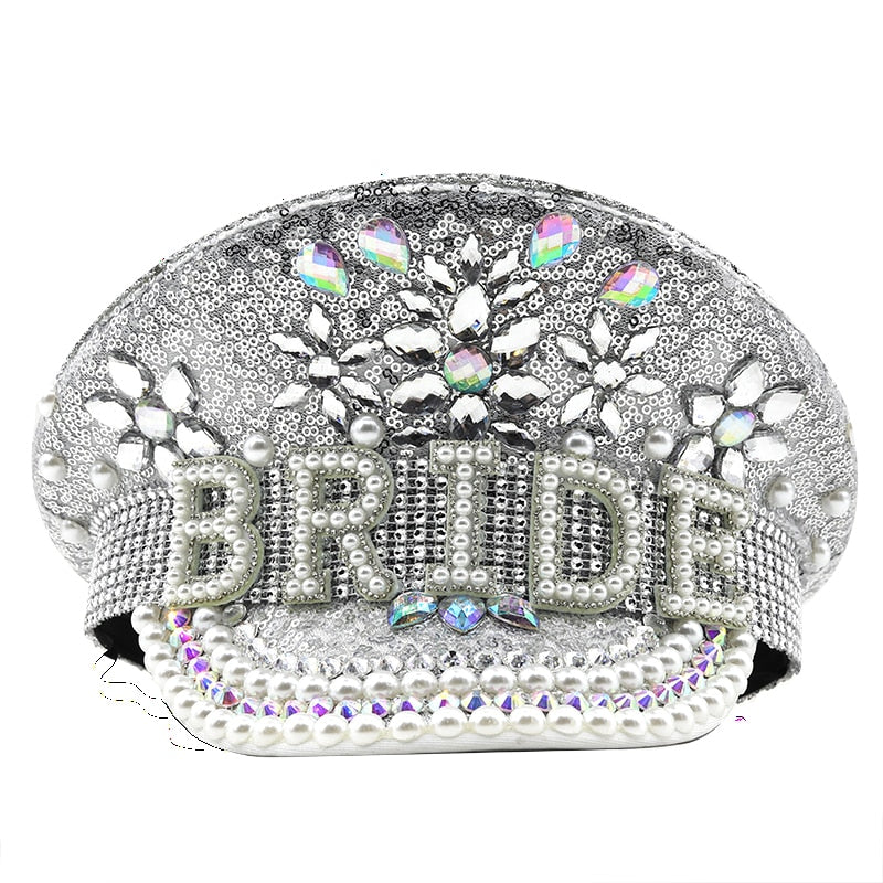 Hot Women Sequin Burning Silver Bride Military Hat Handmade Sailor Captain Sergeant Hat Birthday Festival Part Hat