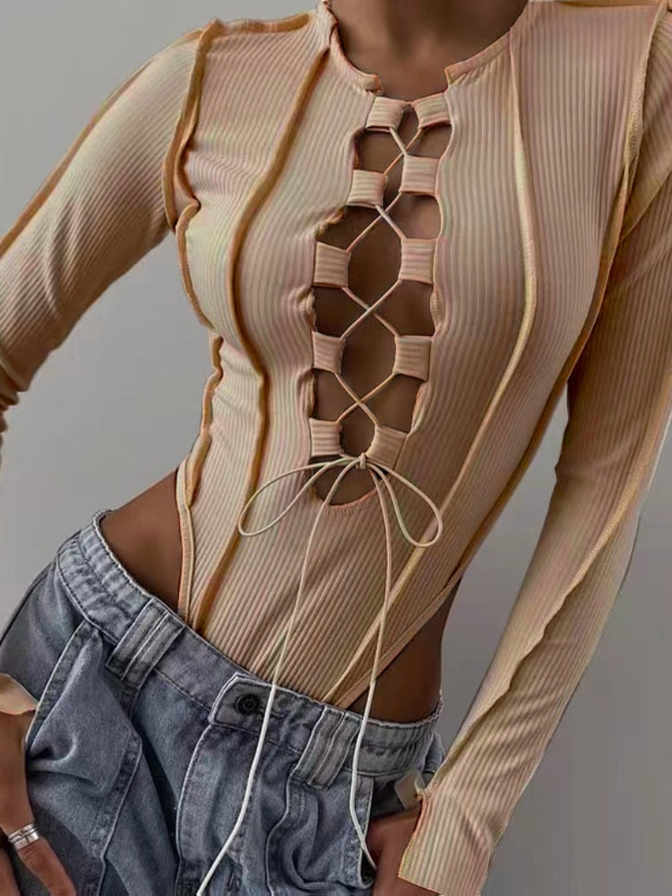 Ribbed Knitted Long Sleeve Tie Up Bodysuit