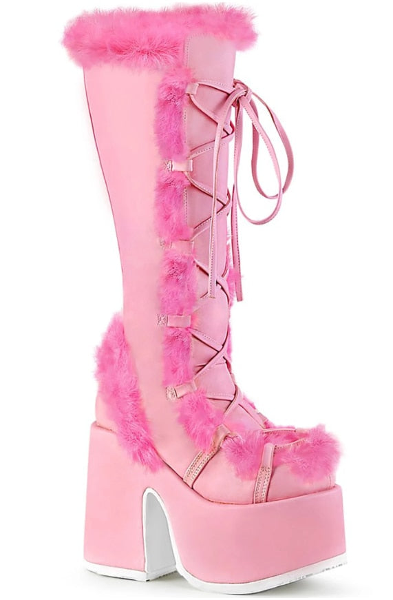 White Fur High Platform Boots High Chunky Heel Round Toe Mid Calf Boots Elegant Women Casual Outfit Winter Cross Tied Shoes