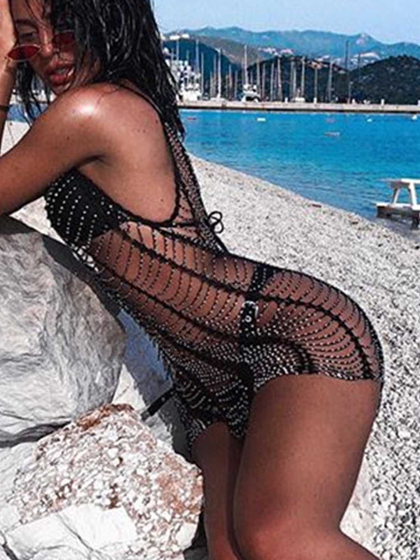 Sexy Mesh Rhinestones Summer Dress