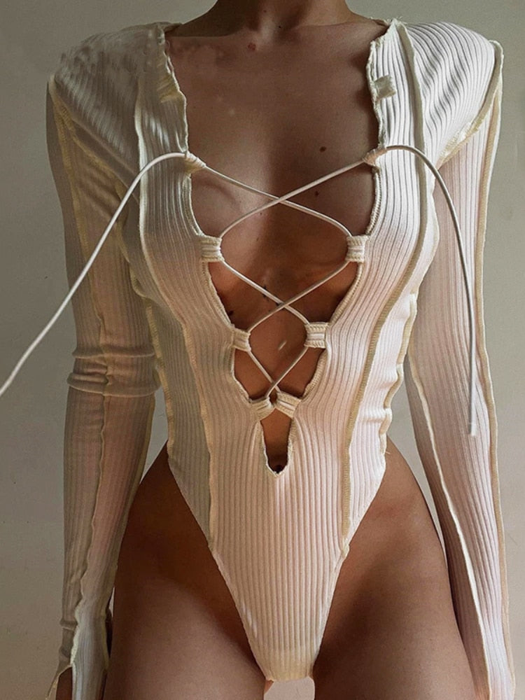 Ribbed Knitted Long Sleeve Tie Up Bodysuit