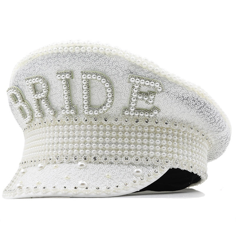 Hot Women Sequin Burning Silver Bride Military Hat Handmade Sailor Captain Sergeant Hat Birthday Festival Part Hat