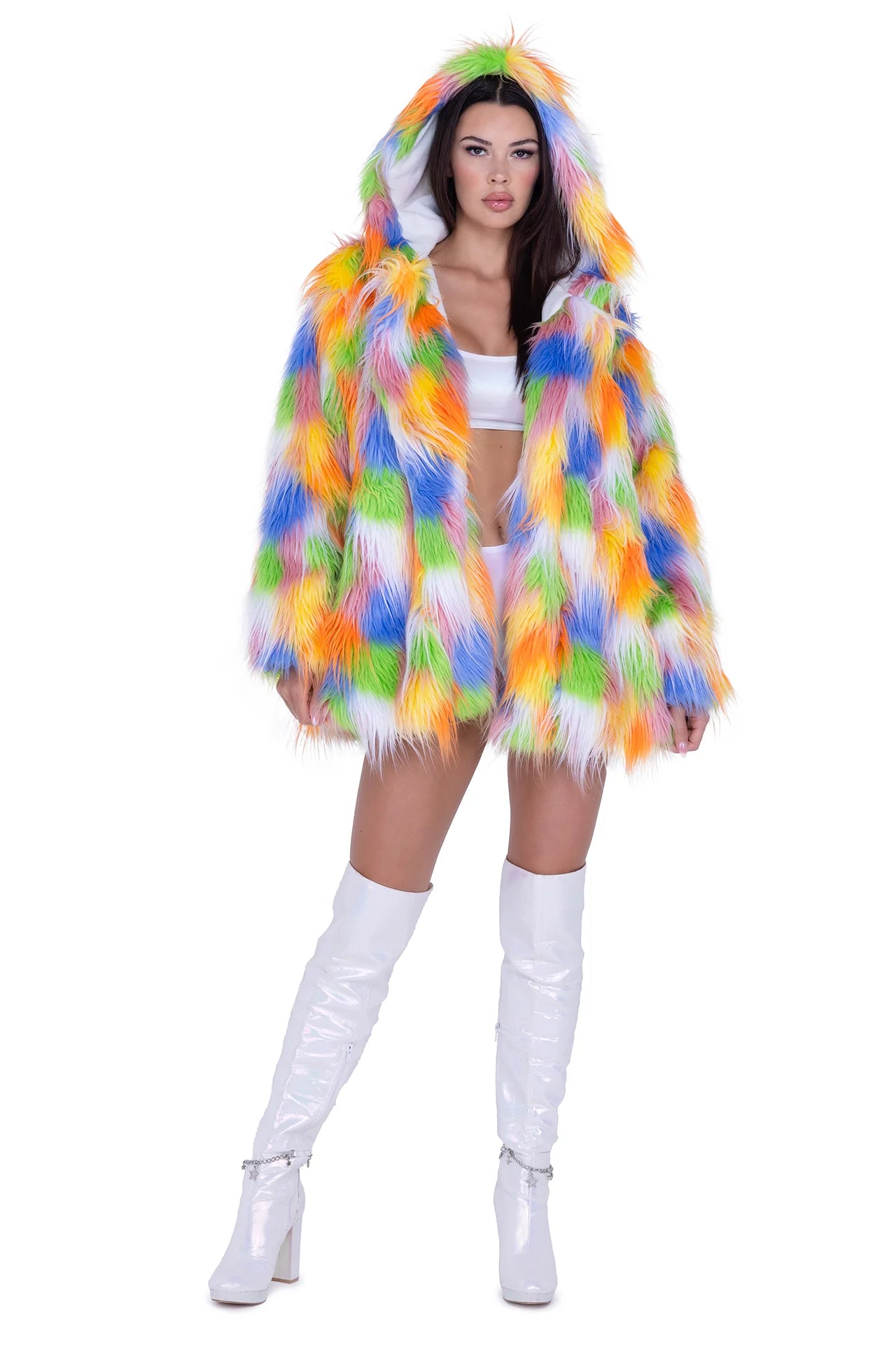 THIGH-HIGH HOODED FUR COAT