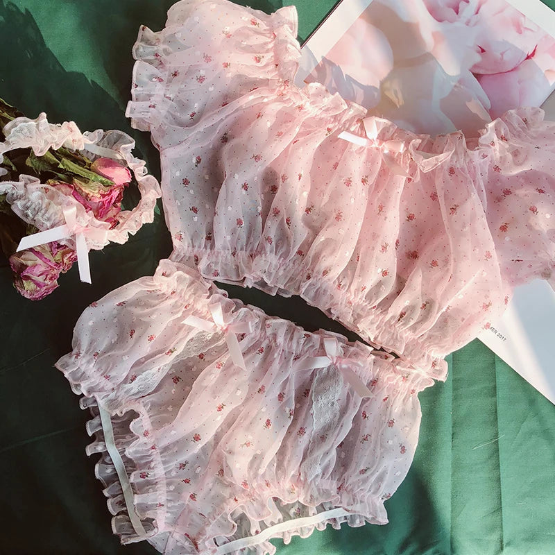 Y2K Fairycore Lingerie Sheer Ruffles Off Shoulder SleepWear