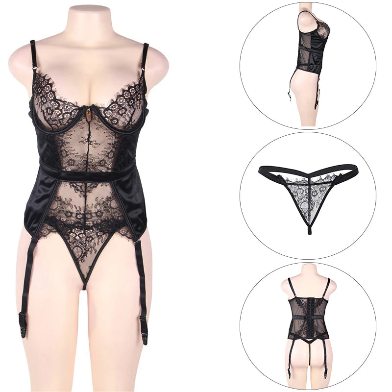 M-5XL Plus Size Women Lingerie Set with Garter Belt Lace Spaghetti Straps Babydoll V Neck Garter Slip Exotic Set Sexy Sleepwear Underwear Set