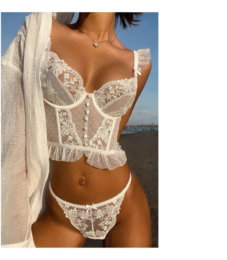 Bride Lingerie Wedding Night lingerie White Lingerie French Lingerie Sexy Women's Underwear Set Push Up Brassiere Lace Transparent Bra Panty Sets Wedding White Thin Underwear