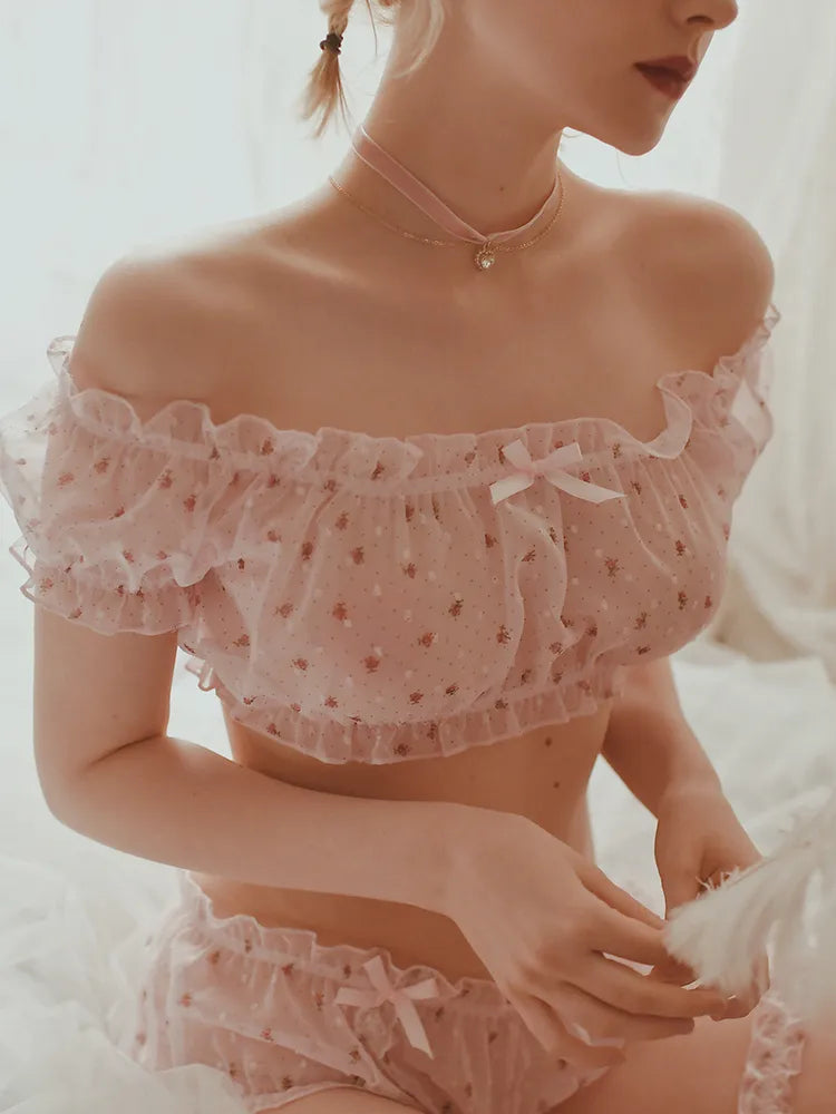 Y2K Fairycore Lingerie Sheer Ruffles Off Shoulder SleepWear