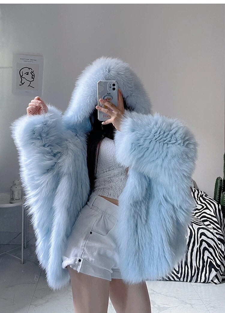 Winter Shaggy Hairy Thick Warm Soft Colored Faux Fur Jacket Women with Hood Bat Sleeved Loose Casual Designer Clothes