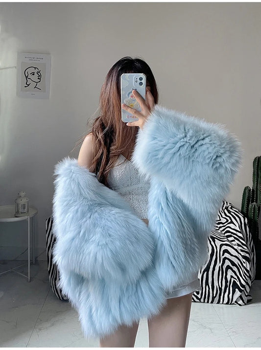 Winter Shaggy Hairy Thick Warm Soft Colored Faux Fur Jacket Women with Hood Bat Sleeved Loose Casual Designer Clothes