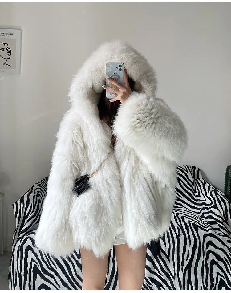 Winter Shaggy Hairy Thick Warm Soft Colored Faux Fur Jacket Women with Hood Bat Sleeved Loose Casual Designer Clothes