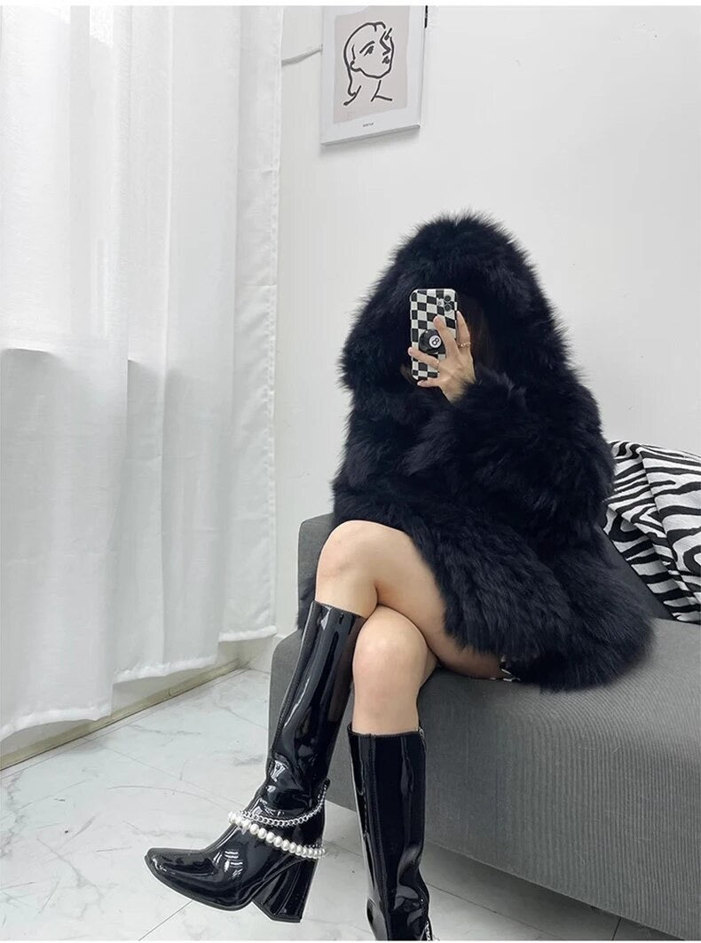 Winter Shaggy Hairy Thick Warm Soft Colored Faux Fur Jacket Women with Hood Bat Sleeved Loose Casual Designer Clothes