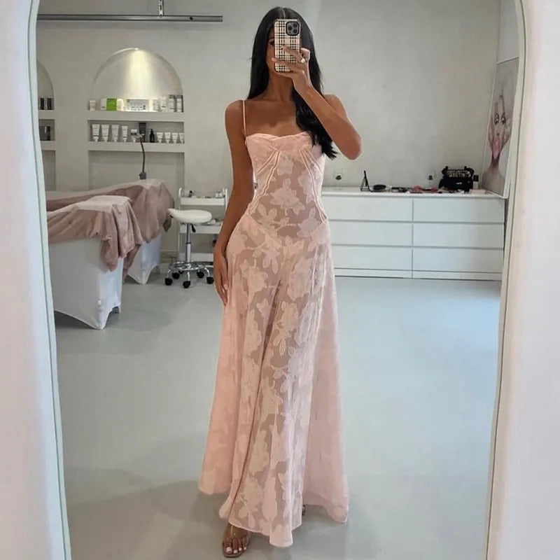 Elegant Blush Pink Floral Lace Maxi Dress