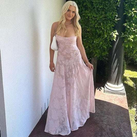 Elegant Blush Pink Floral Lace Maxi Dress