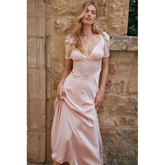 "Blush Enchantment" Silk Midi Dress with Lace Detailing - Also in Serene Blue y2k Fairycore