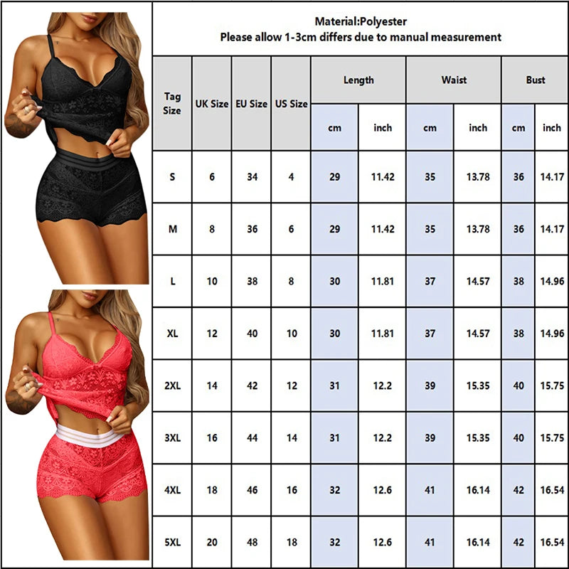 Plus Size Pajamas Sets Lace Sexy Women's Underwear Hollow Out Sleepwear Deep V Neck Strap Nightwear See Through Exotic Costumes Size S-5XL