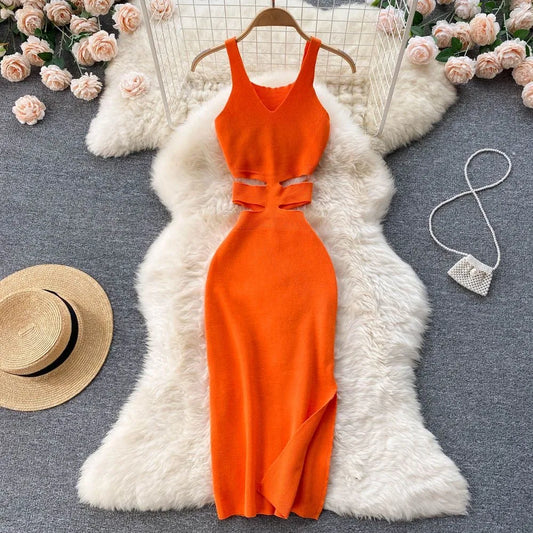 Elegant Cut-Out Midi Bodycon Dress - Available in Orange, Black, Blue, Green, White, Rose Red