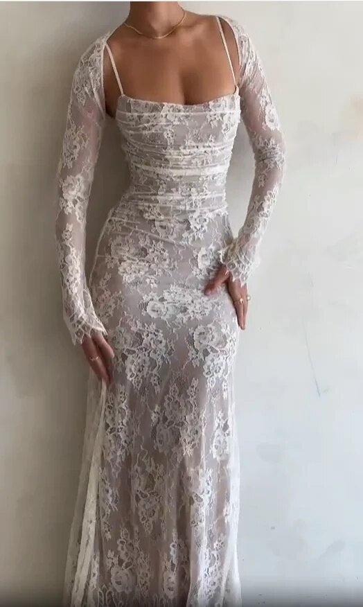 Elegant Lace Embroidery Sling  Maxi Dress